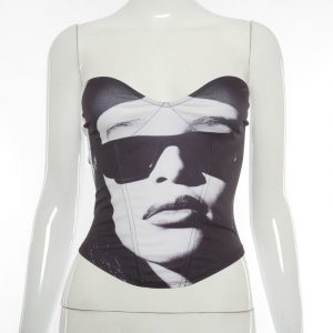 Woman Shirts And Blouses Print Low-Cut Black-White Pattern Irregular V-Neck – Dropshipping Available