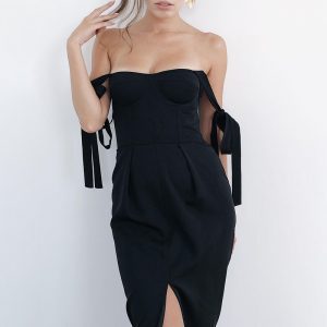 Sexy Sling Low-Cut Backless Slim Slit Midi Red One-Piece Dress For Women – Dropshipping Available