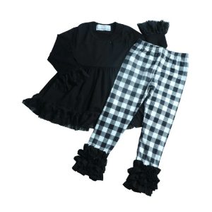 Trendy girl clothes black dress pearl cotton top plaid icing pants-Wholesale Item