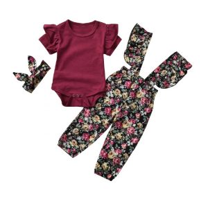 Baby Girls Ruffle Bodysuit & Floral Print Pants & Headband 3 pcs Outfit-Wholesale Item