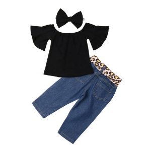 Leopard Ripped Jean Casual Black Cotton Top & Denim pants Clothing-Wholesale Item