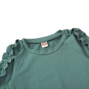 Green Ruffle Tops Matching Print Skirt Long Sleeve Outfit-Wholesale Item
