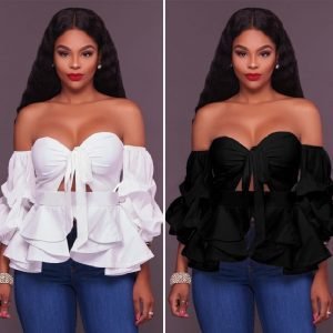 Slash Neck With Sleeve Backless Low-Cut Lace-Up Hollow Splicing Ruffled-Dropshipping Available