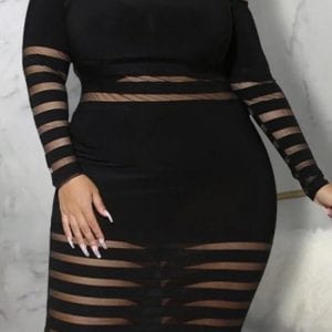 Black Off Shoulder Mesh Striped Patchwork Plus Size Midi Dress
