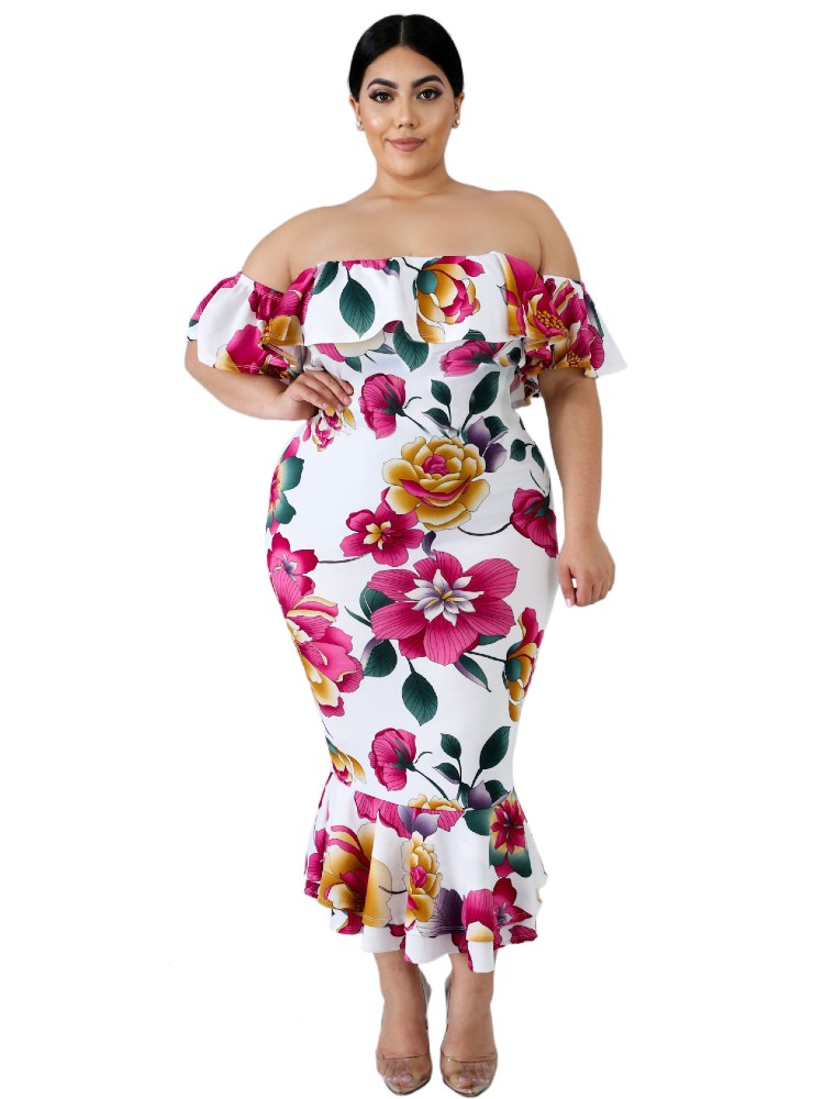 Off-the-shoulder Floral Mermaid Plus Size Dress - Rizbie