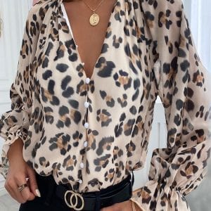 Leopard Print V Neck Lantern Sleeve Buttons Shirt