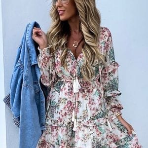 V Neck Lace-Up Tassel Elastic Waist Layered Mini Floral Dress