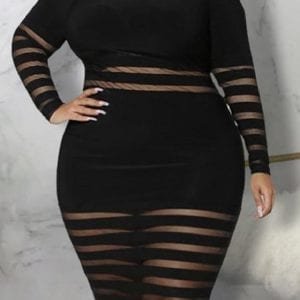 Black Off Shoulder Mesh Striped Patchwork Plus Size Midi Dress