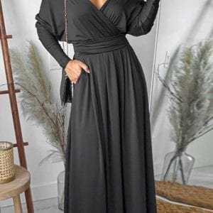 Black V Neck Batwing Sleeve Maxi Dress