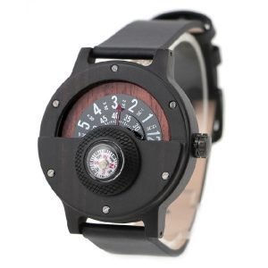 Luxury wooden watches Custom unique ebony Wood Compass Watch Men leather strap sports watches 3 ATM